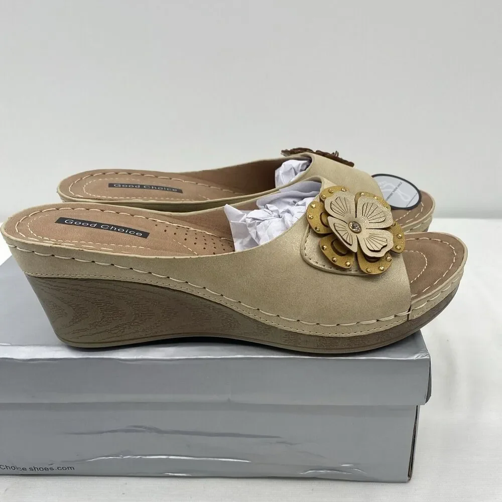 Good Choice Shoes Women's Naples Flower Wedge Sandals Size 7.5 Natural